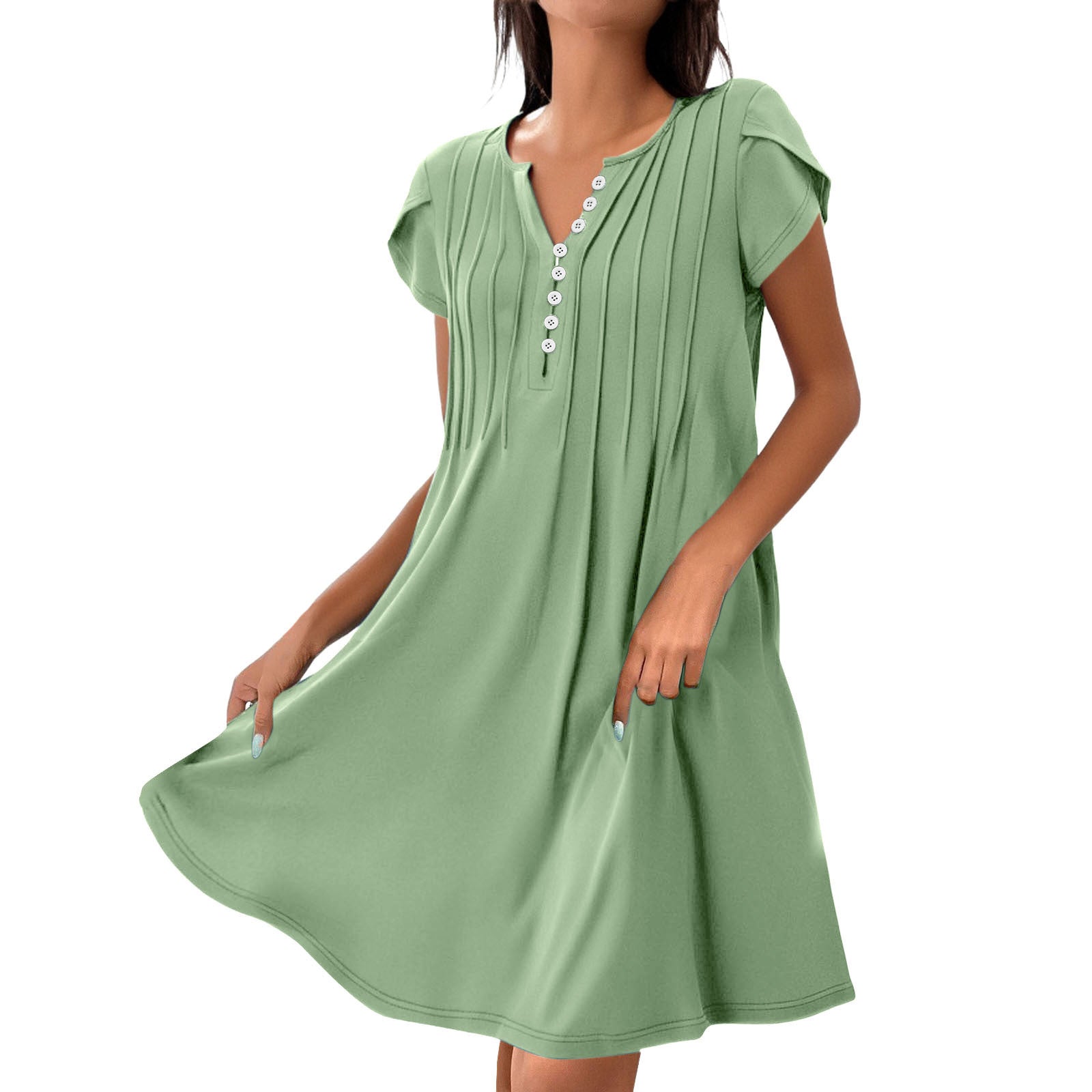 Image of V-neck Solid Color Pullover Comfort And Casual Button Dress