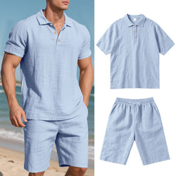 Image of Summer Men's Loose Casual Linen Breathable Short Beach Sleeve Shorts Suit