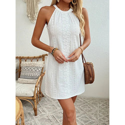 Image of Women's Elegant Halter Neck Sleeveless Mini Dress Eyelet Embroidery A Line Short Dress