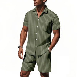 Image of Men's Striped Jacquard Loose Short Sleeve Shirt Beach Shorts Two-piece Set