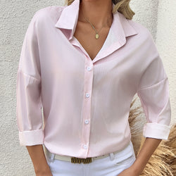 Image of Women's Striped Lapel Long Sleeved Shirt Top