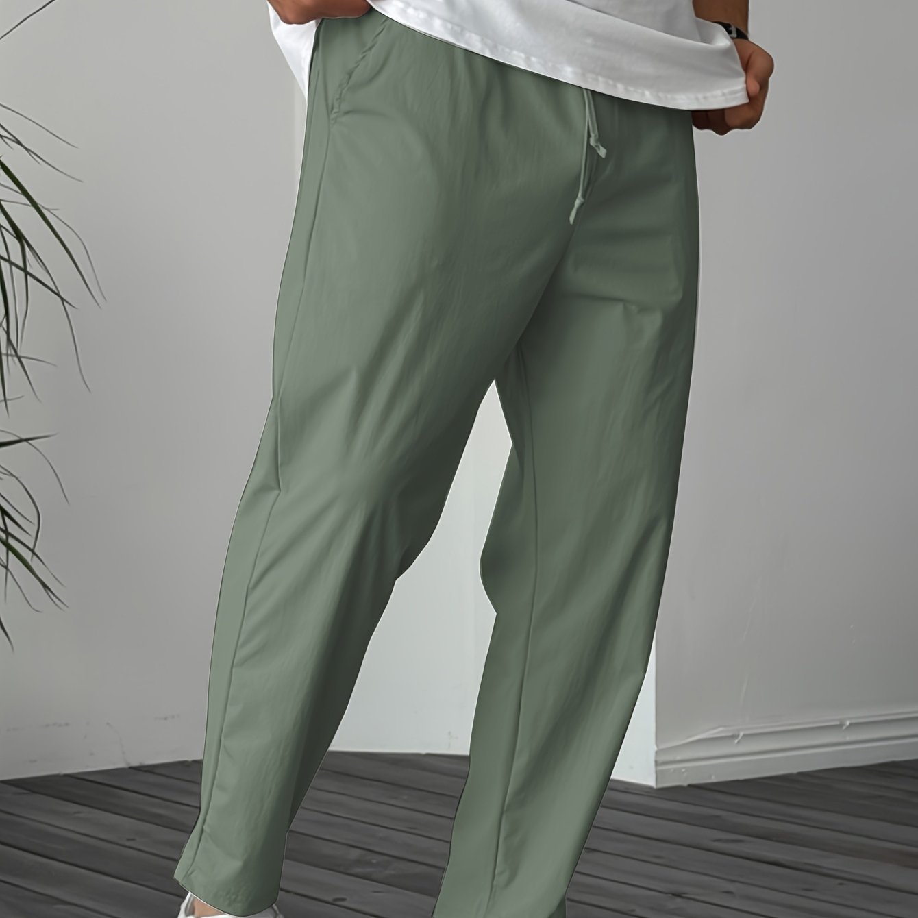 Image of Men's Pure Color Ribbon Pocket Casual Drawstring Trousers