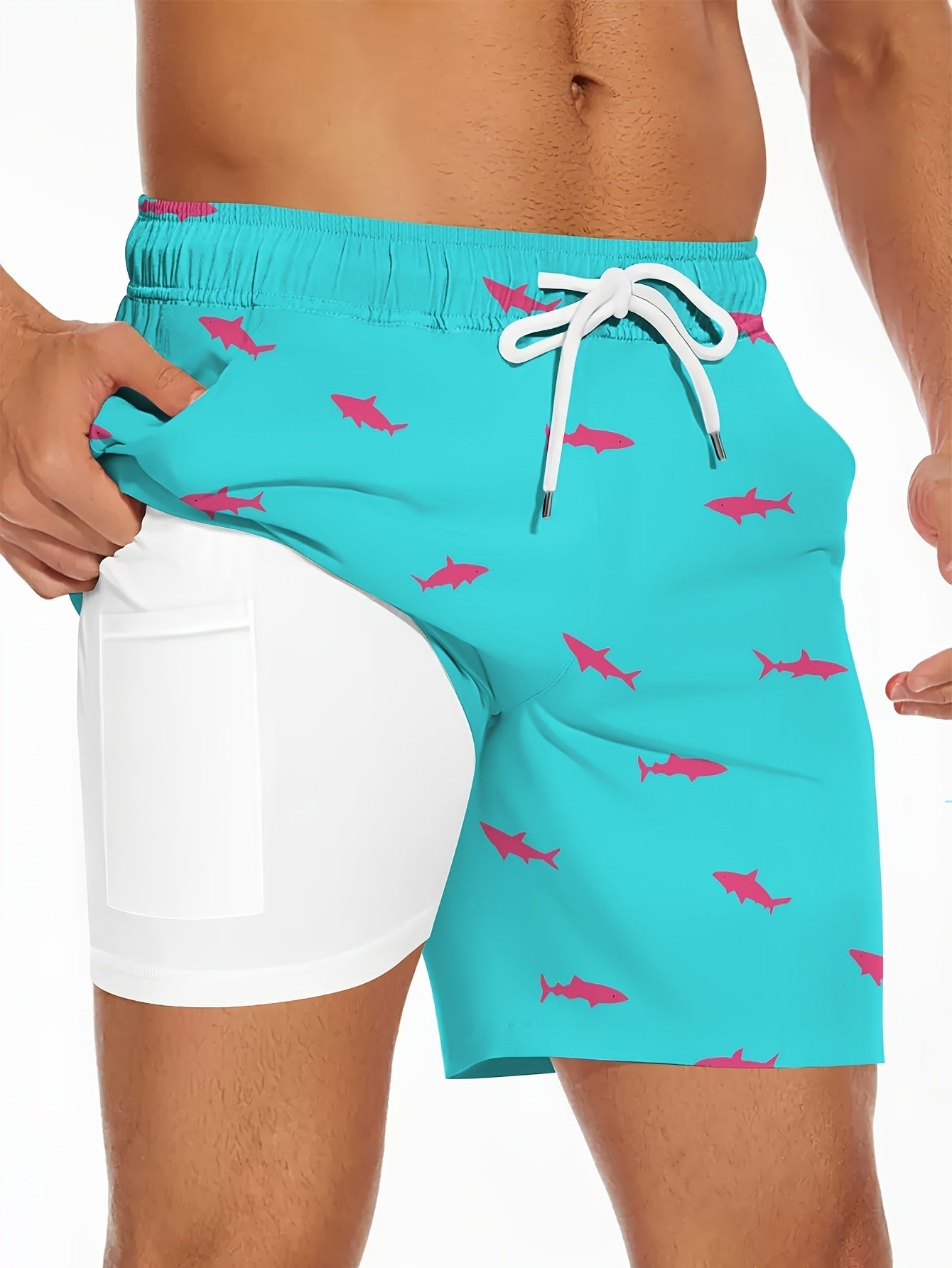 Image of Men's Shark Figure Beach Shorts With Drawstring