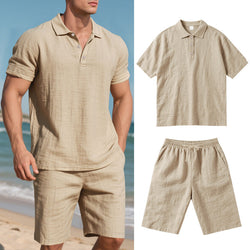Image of Summer Men's Loose Casual Linen Breathable Short Beach Sleeve Shorts Suit