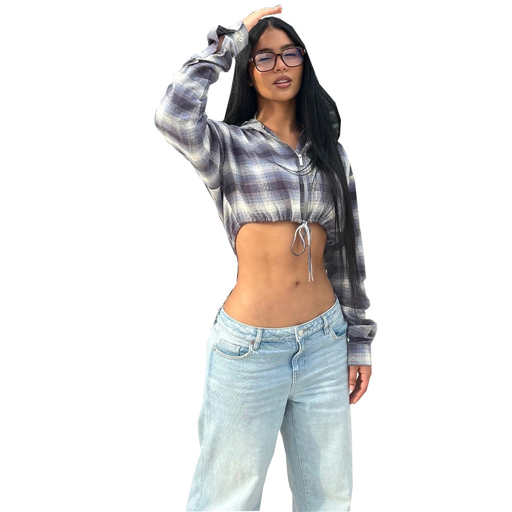 Image of Women's Plaid Long Sleeve Hooded Short Jacket Women