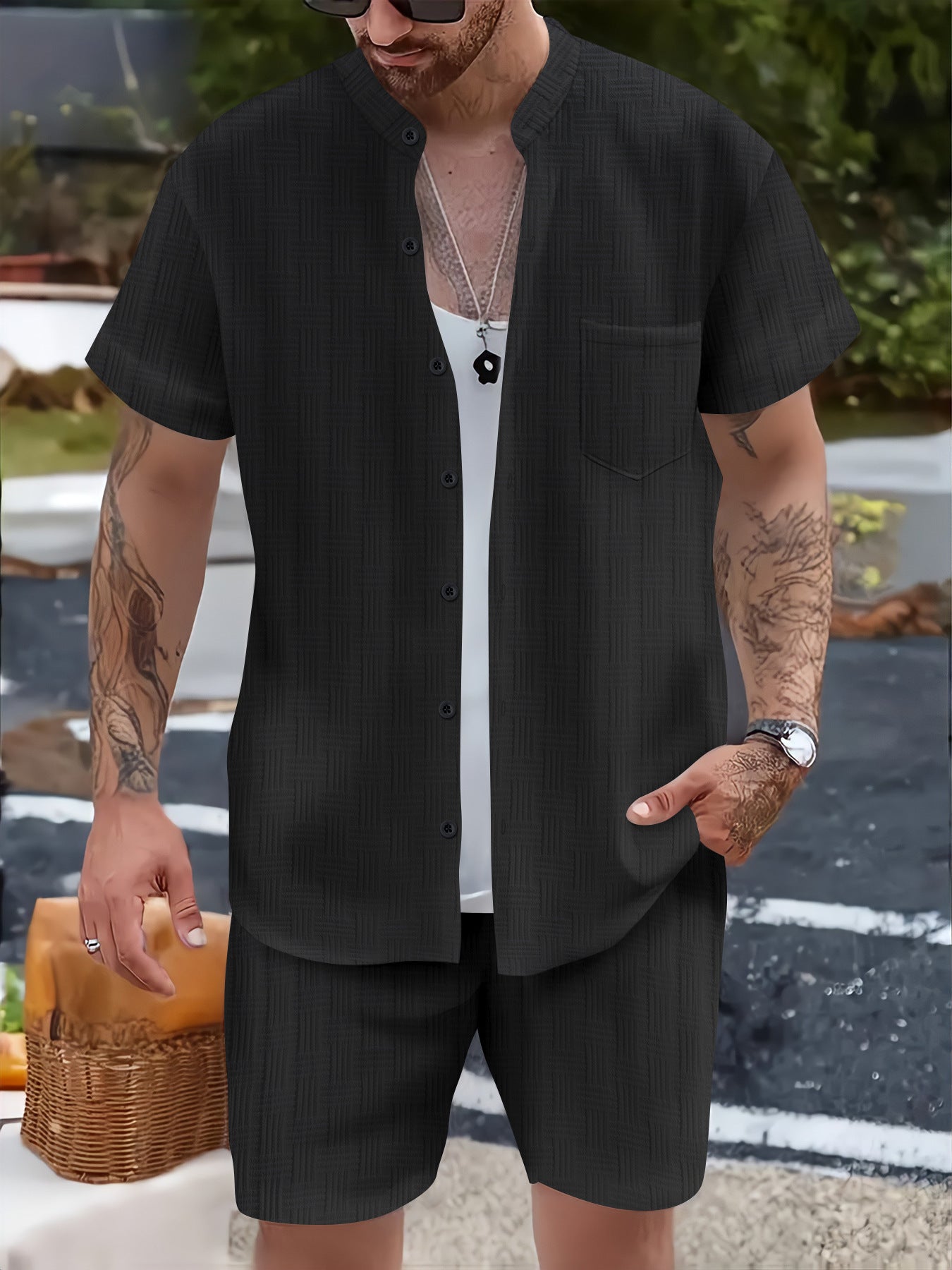 Image of Men's Shirt Casual Henry Collar Pocket