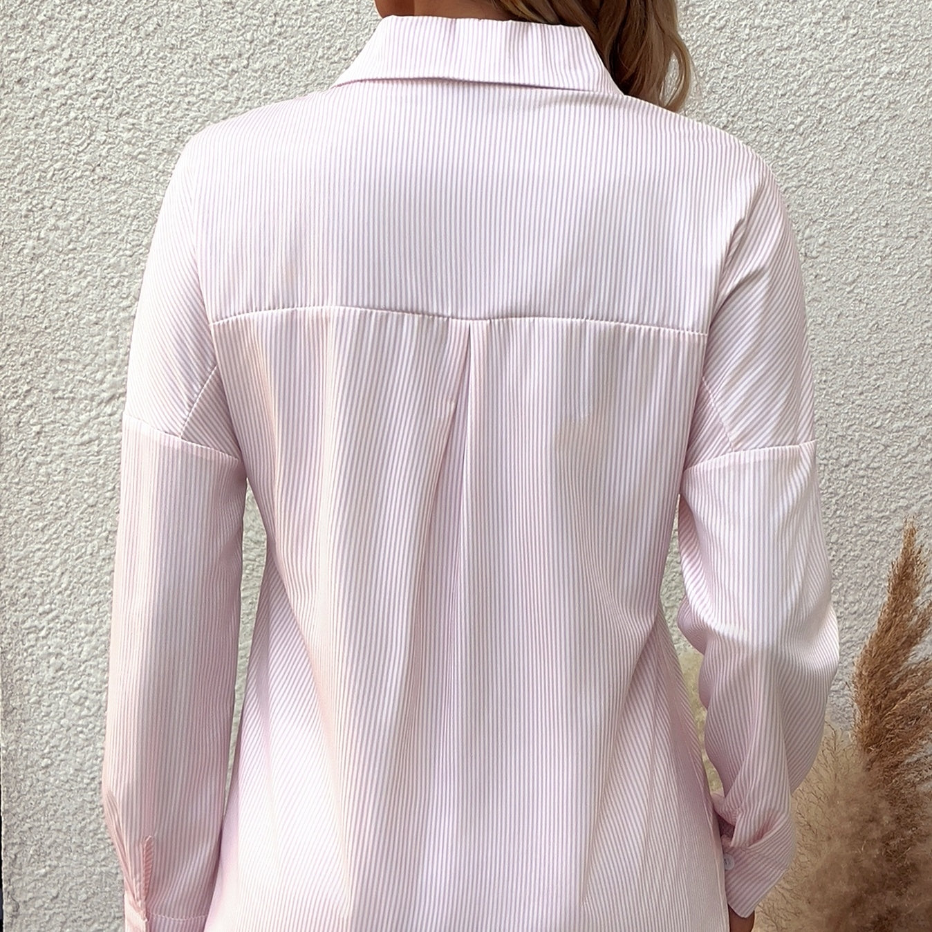 Image of Women's Striped Lapel Long Sleeved Shirt Top