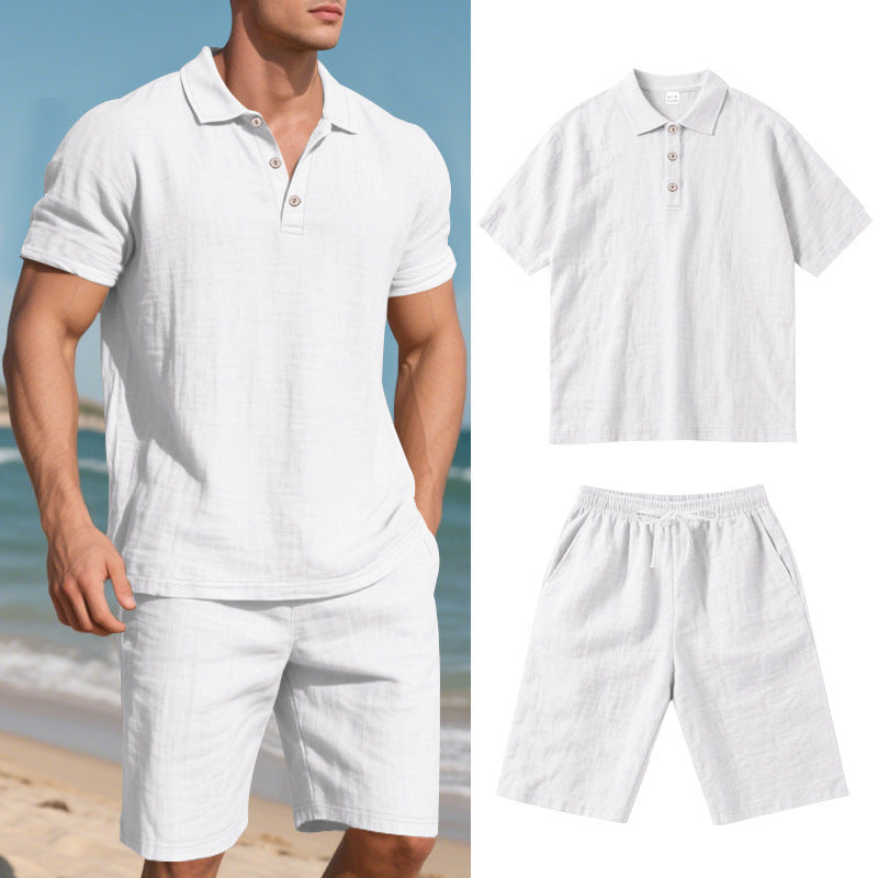 Image of Summer Men's Loose Casual Linen Breathable Short Beach Sleeve Shorts Suit