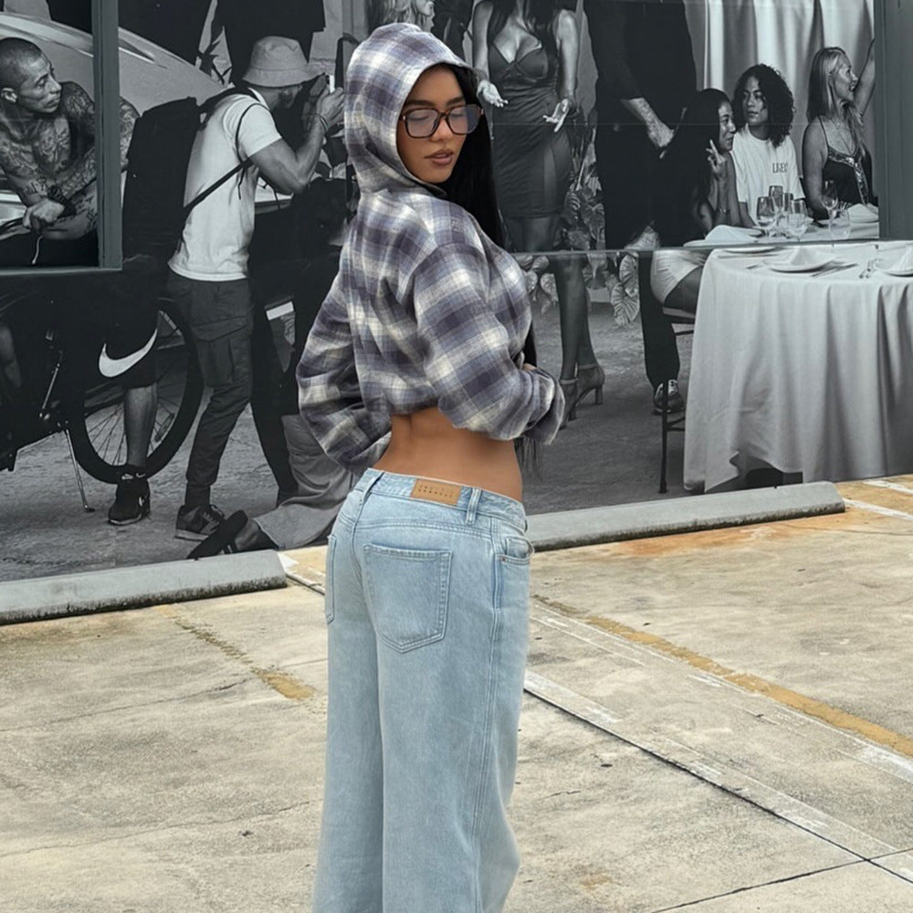 Image of Women's Plaid Long Sleeve Hooded Short Jacket Women