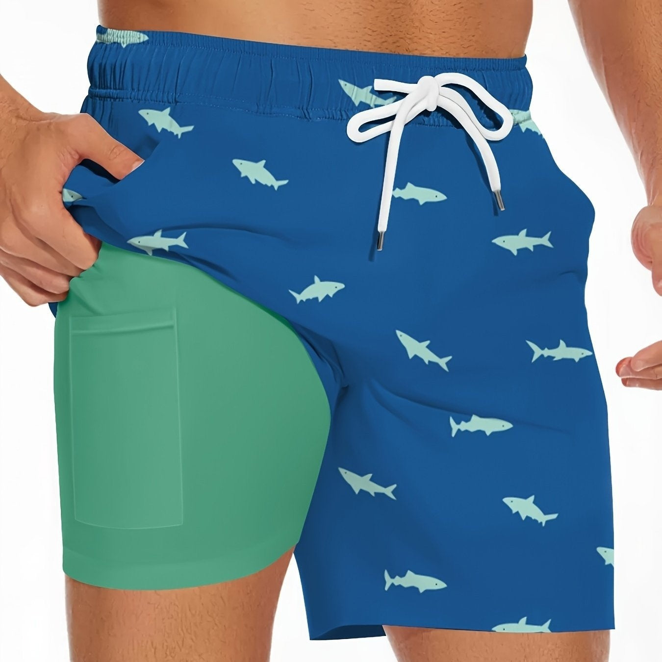 Image of Men's Shark Figure Beach Shorts With Drawstring