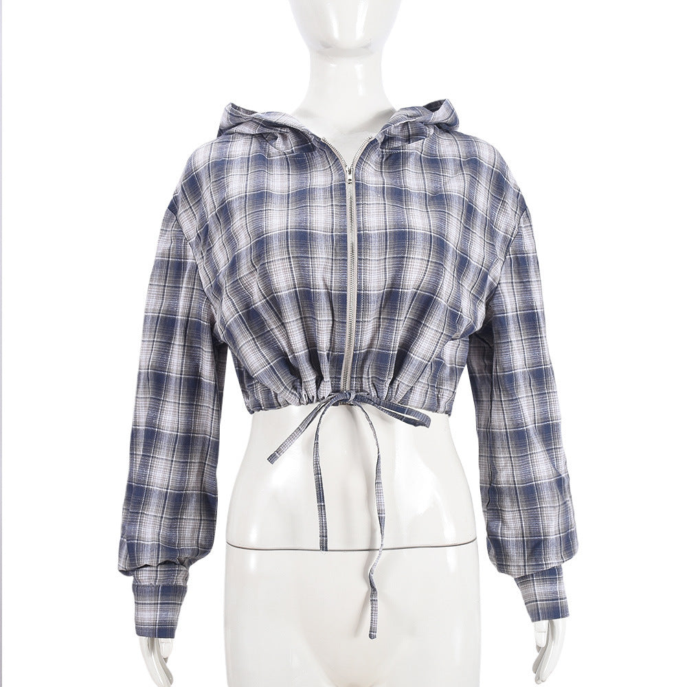 Image of Women's Plaid Long Sleeve Hooded Short Jacket Women