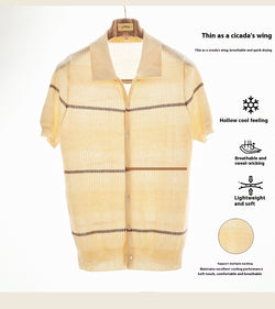 Image of Lapel Casual Fashion Cotton Linen Short Sleeve Knitted Cardigan