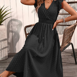Image of Elegant V-neck Ruffled Sleeve Women's Summer Short Sleeve Maxi Dress