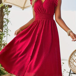 Image of Elegant V-neck Ruffled Sleeve Women's Summer Short Sleeve Maxi Dress