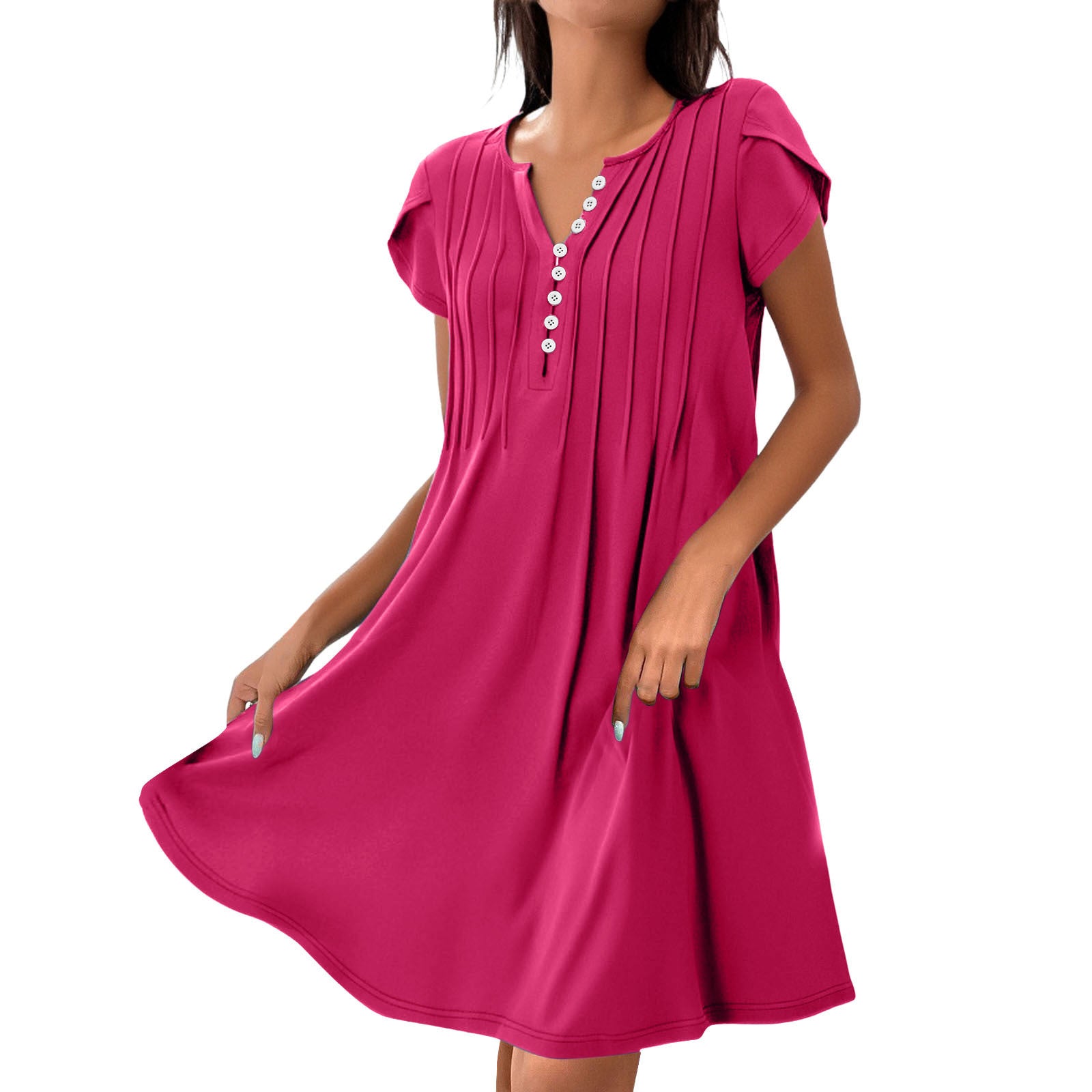 Image of V-neck Solid Color Pullover Comfort And Casual Button Dress
