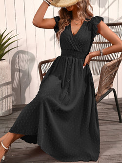 Image of Elegant V-neck Ruffled Sleeve Women's Summer Short Sleeve Maxi Dress