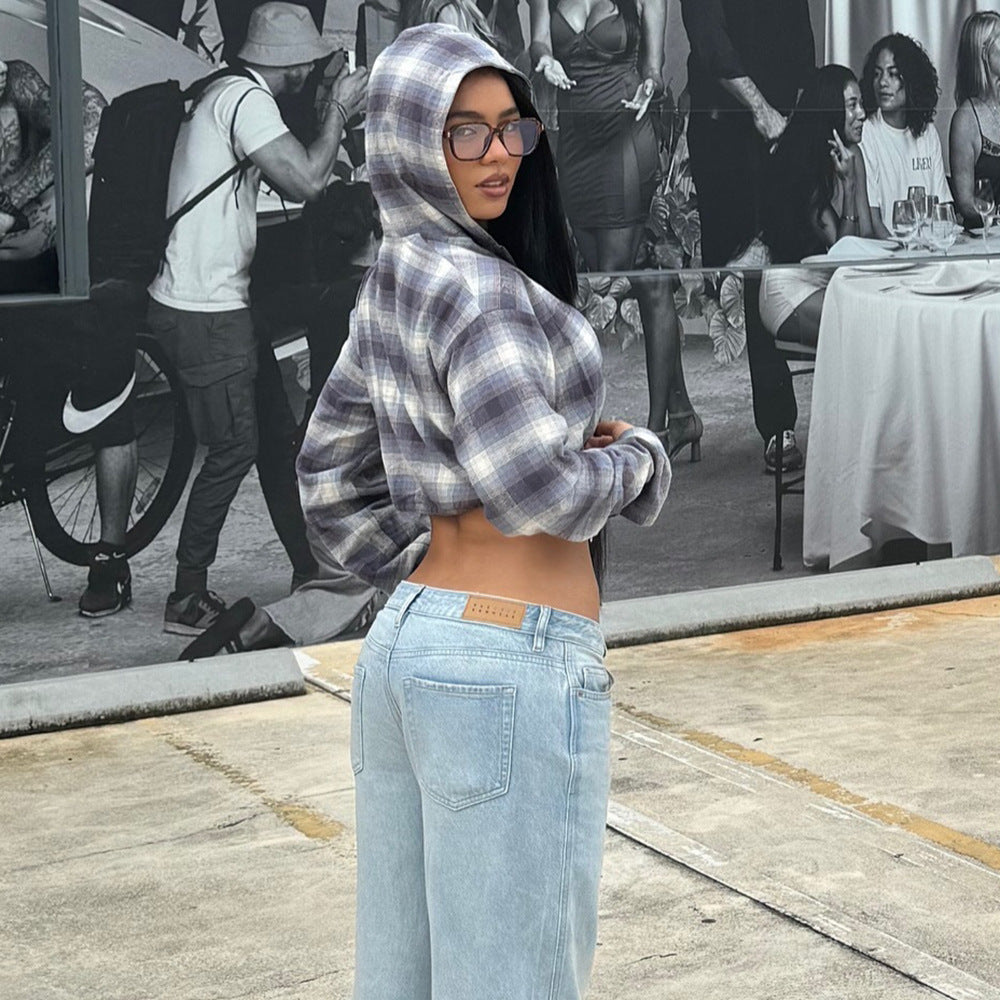 Image of Women's Plaid Long Sleeve Hooded Short Jacket Women