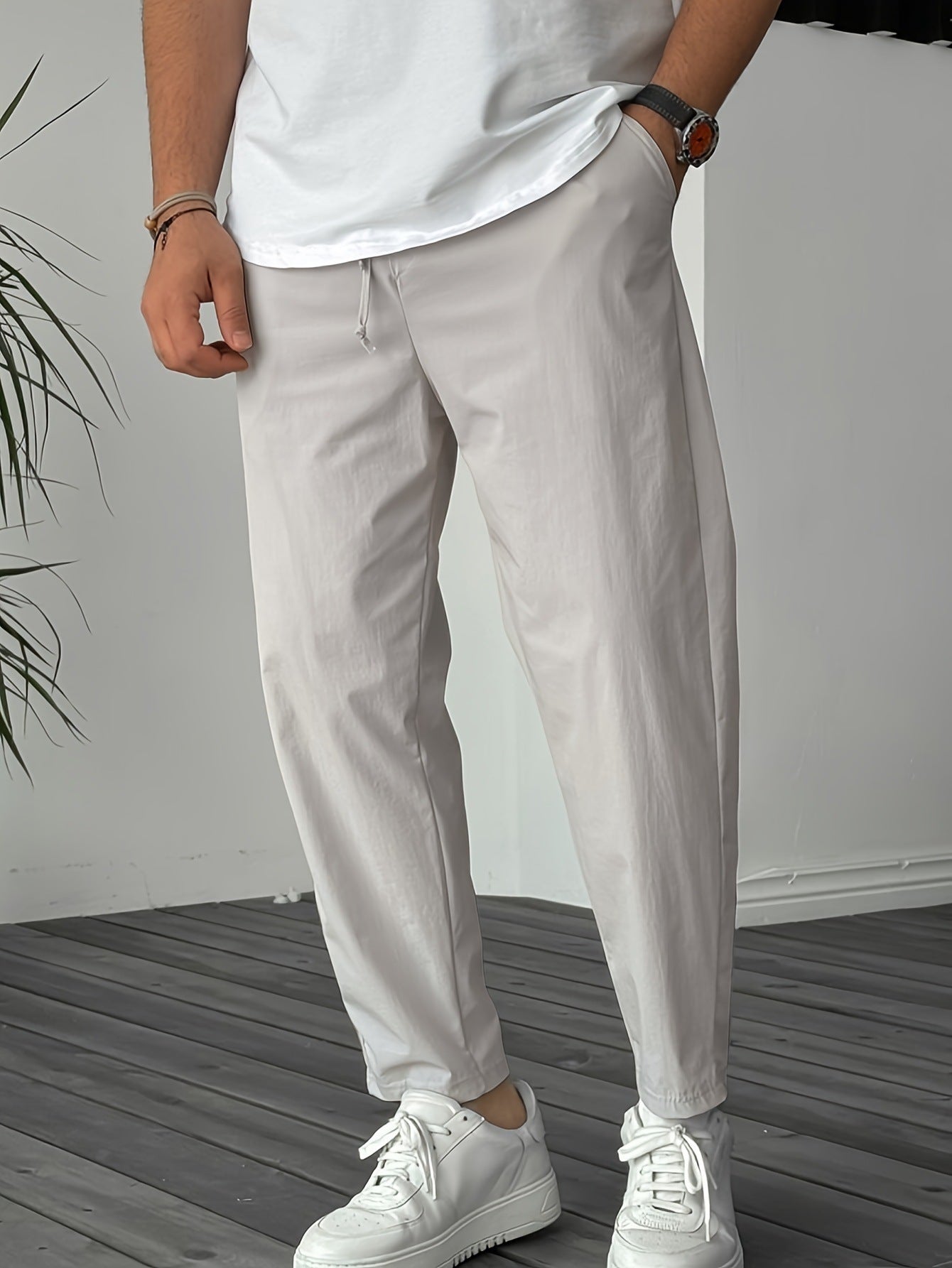 Image of Men's Pure Color Ribbon Pocket Casual Drawstring Trousers