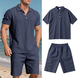 Image of Summer Men's Loose Casual Linen Breathable Short Beach Sleeve Shorts Suit