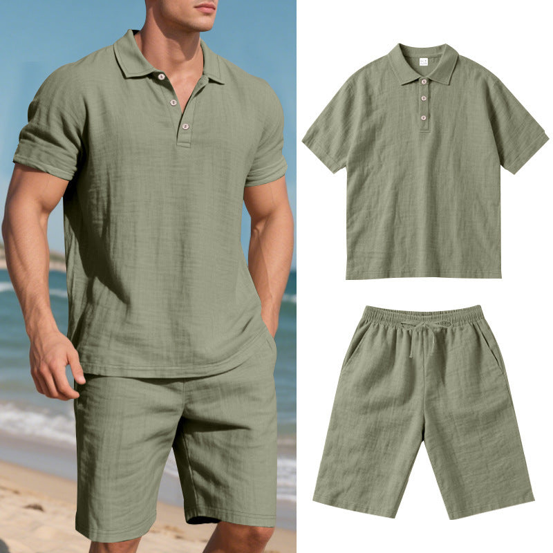 Image of Summer Men's Loose Casual Linen Breathable Short Beach Sleeve Shorts Suit