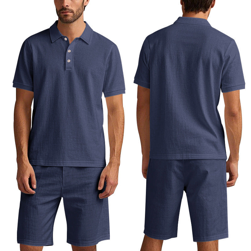 Image of Summer Men's Loose Casual Linen Breathable Short Beach Sleeve Shorts Suit