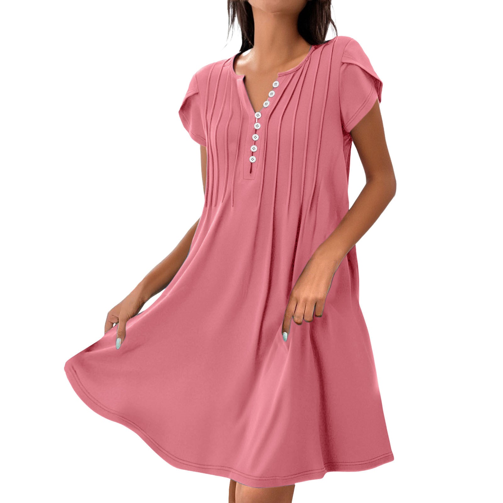 Image of V-neck Solid Color Pullover Comfort And Casual Button Dress