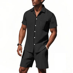 Image of Men's Striped Jacquard Loose Short Sleeve Shirt Beach Shorts Two-piece Set