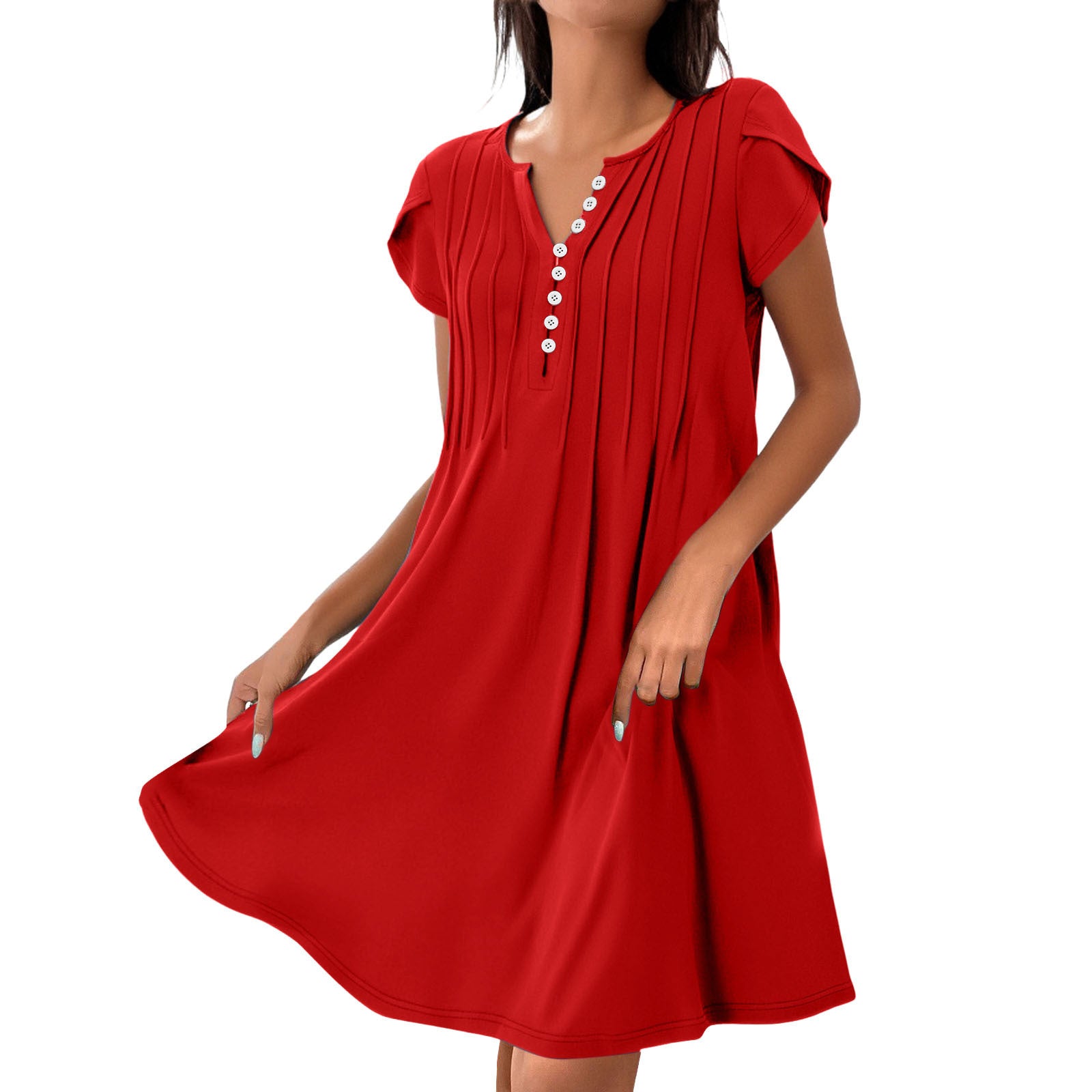 Image of V-neck Solid Color Pullover Comfort And Casual Button Dress