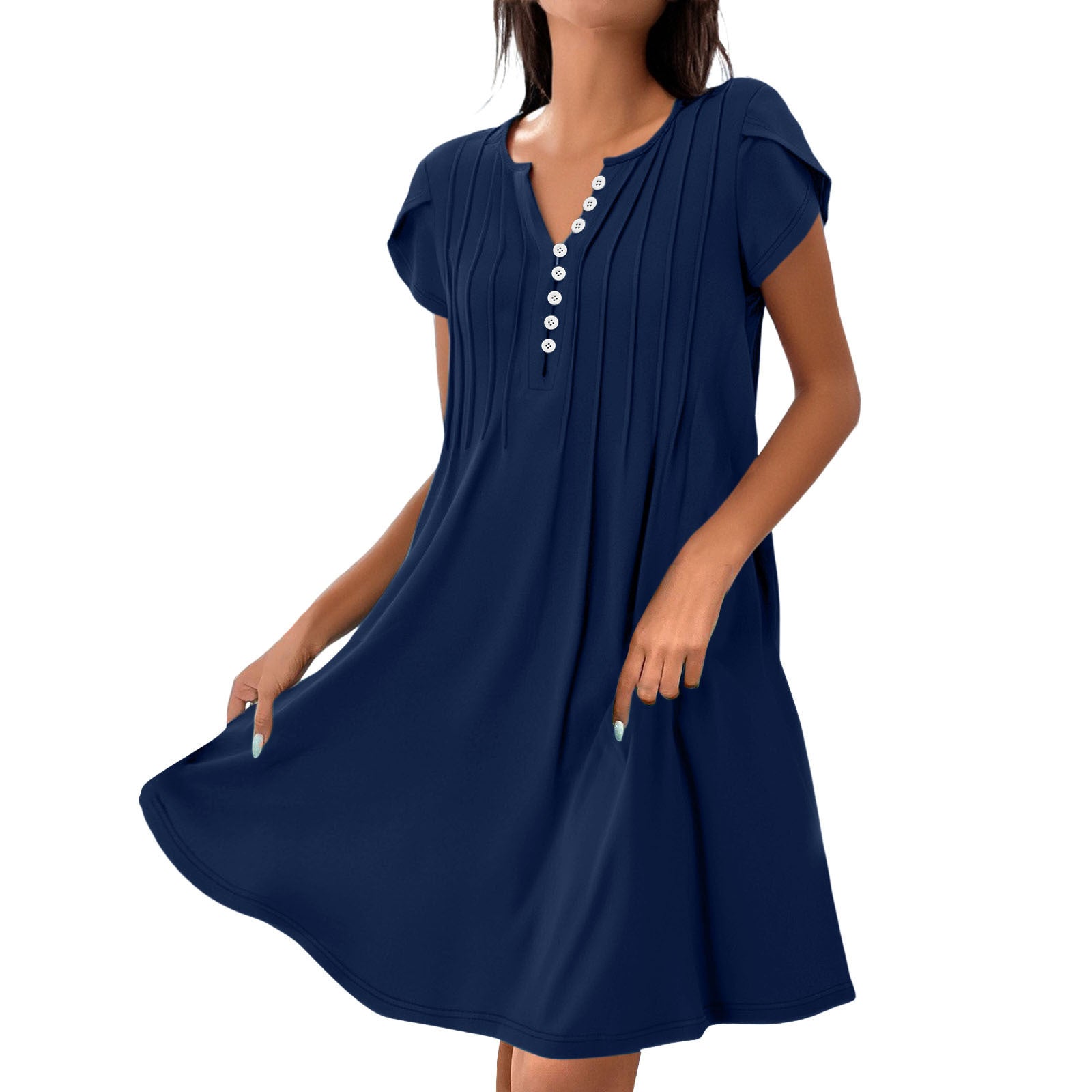 Image of V-neck Solid Color Pullover Comfort And Casual Button Dress