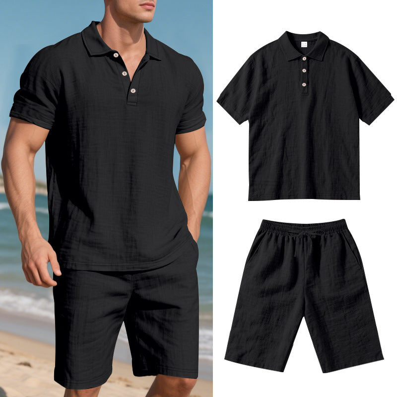 Image of Summer Men's Loose Casual Linen Breathable Short Beach Sleeve Shorts Suit