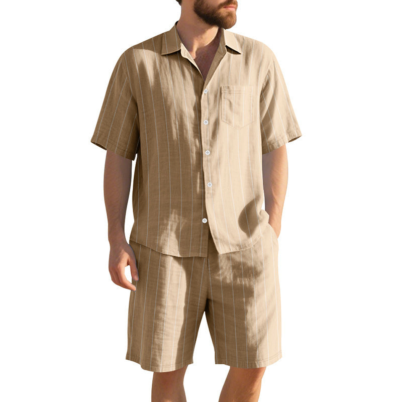 Image of Men's Striped Jacquard Loose Short Sleeve Shirt Beach Shorts Two-piece Set