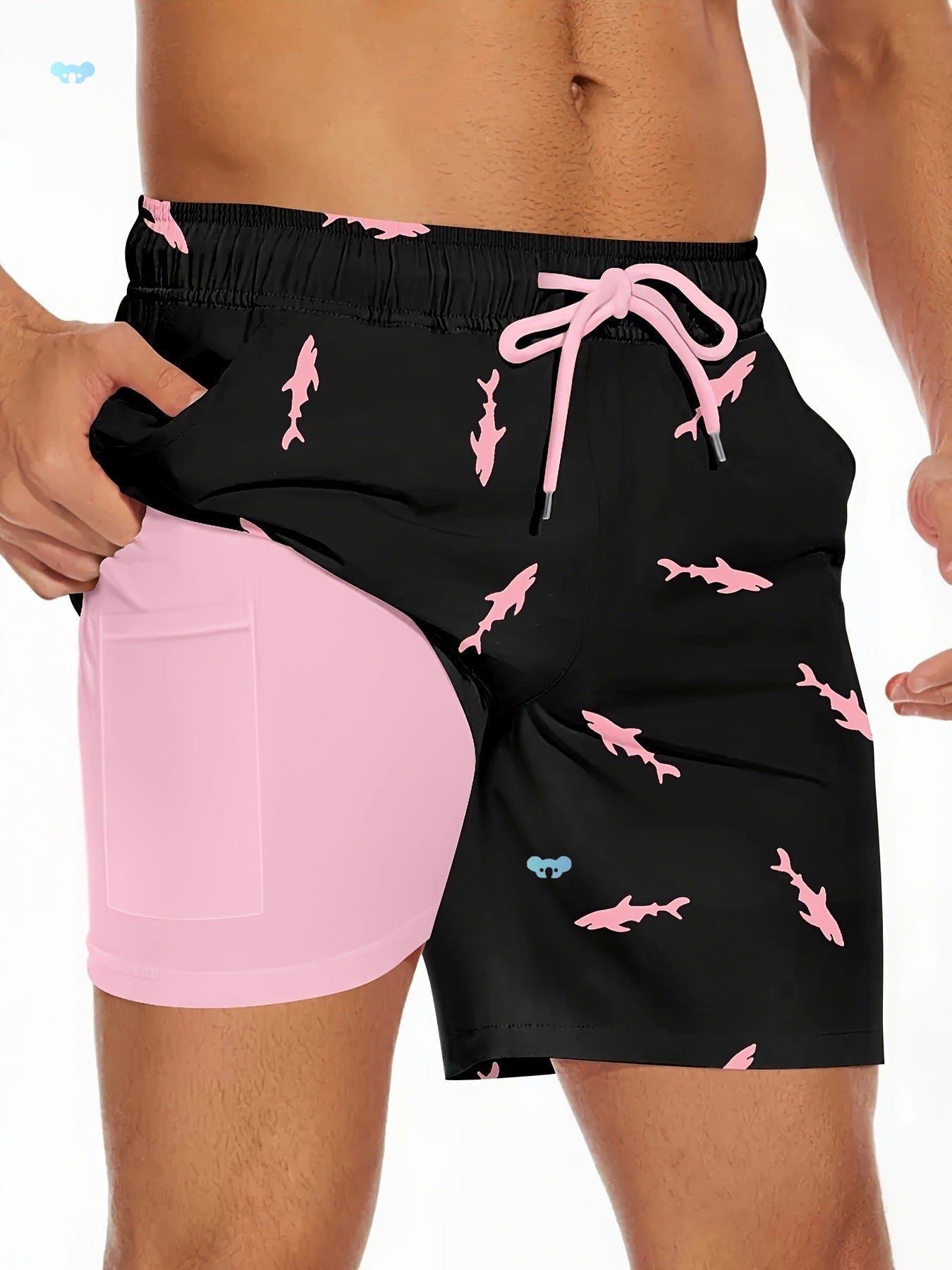 Image of Men's Shark Figure Beach Shorts With Drawstring