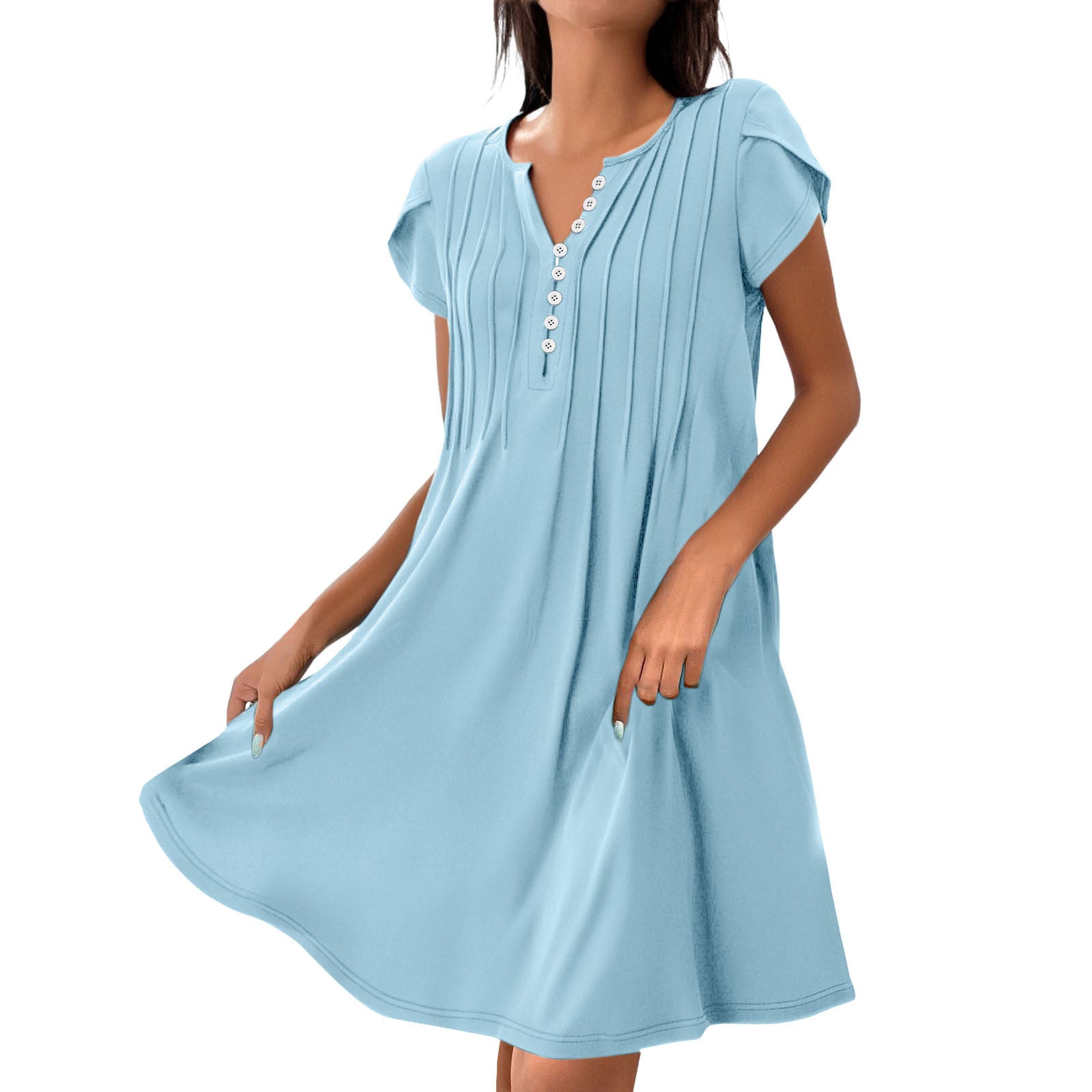 Image of V-neck Solid Color Pullover Comfort And Casual Button Dress