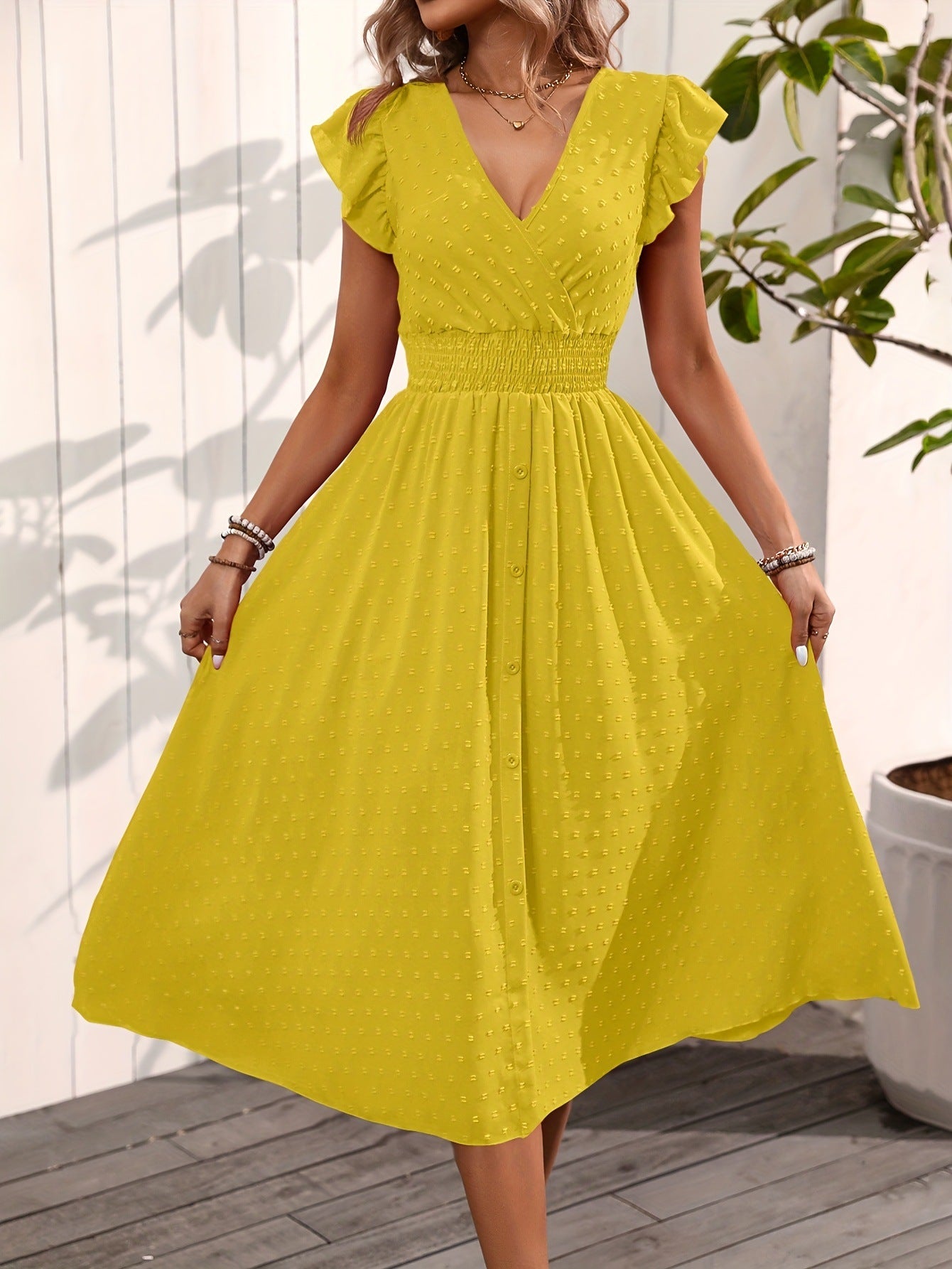 Image of Elegant V-neck Ruffled Sleeve Women's Summer Short Sleeve Maxi Dress