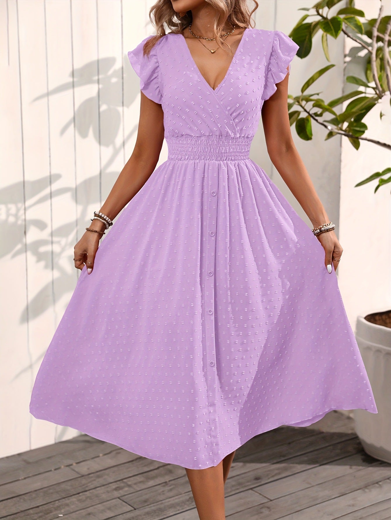 Image of Elegant V-neck Ruffled Sleeve Women's Summer Short Sleeve Maxi Dress