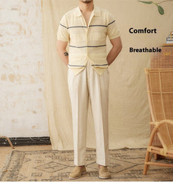 Image of Lapel Casual Fashion Cotton Linen Short Sleeve Knitted Cardigan