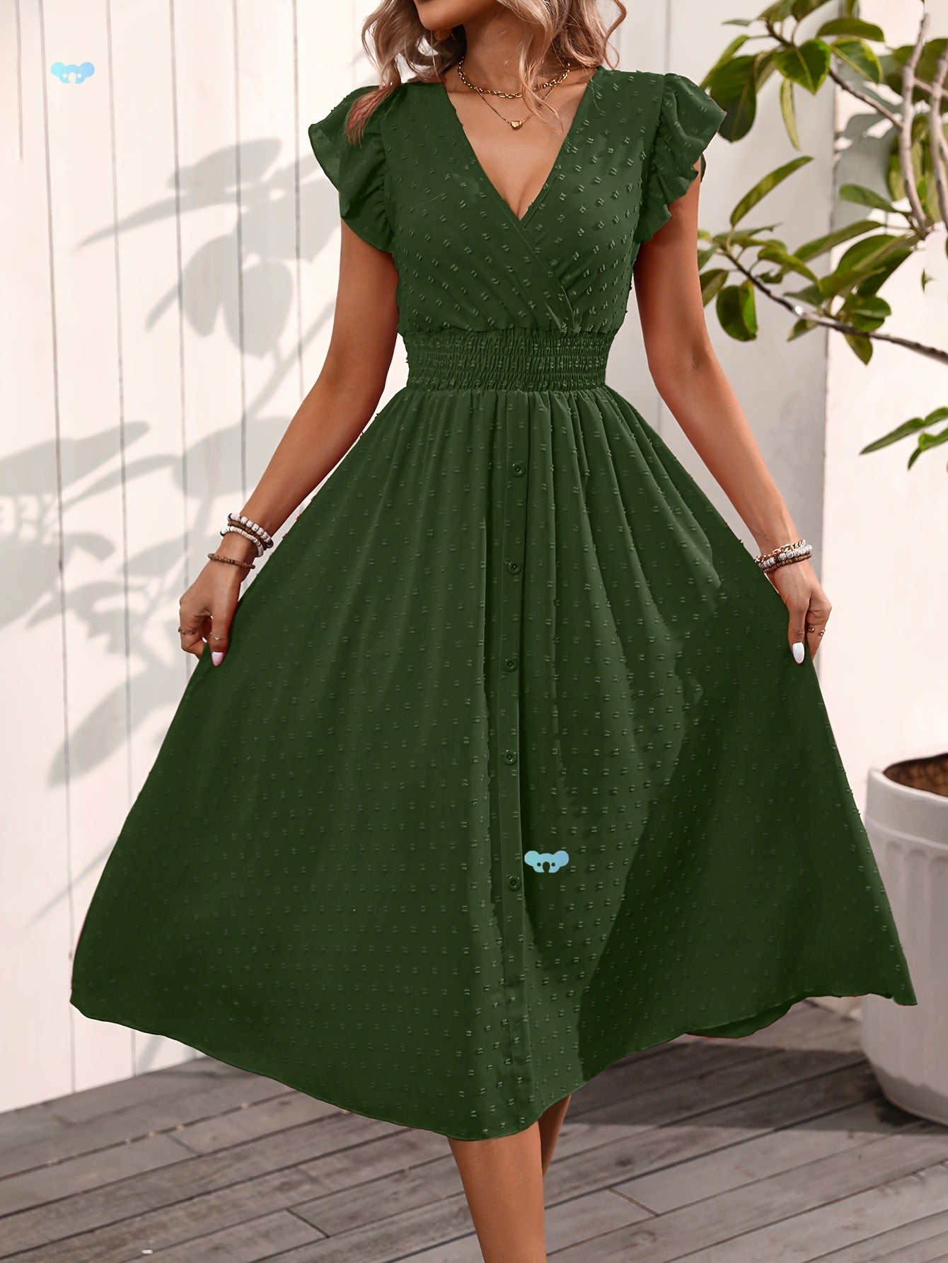 Image of Elegant V-neck Ruffled Sleeve Women's Summer Short Sleeve Maxi Dress
