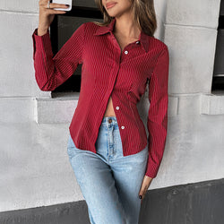 Image of Holiday Casual Style Polo Collar Stripes Shirt Women's Clothing