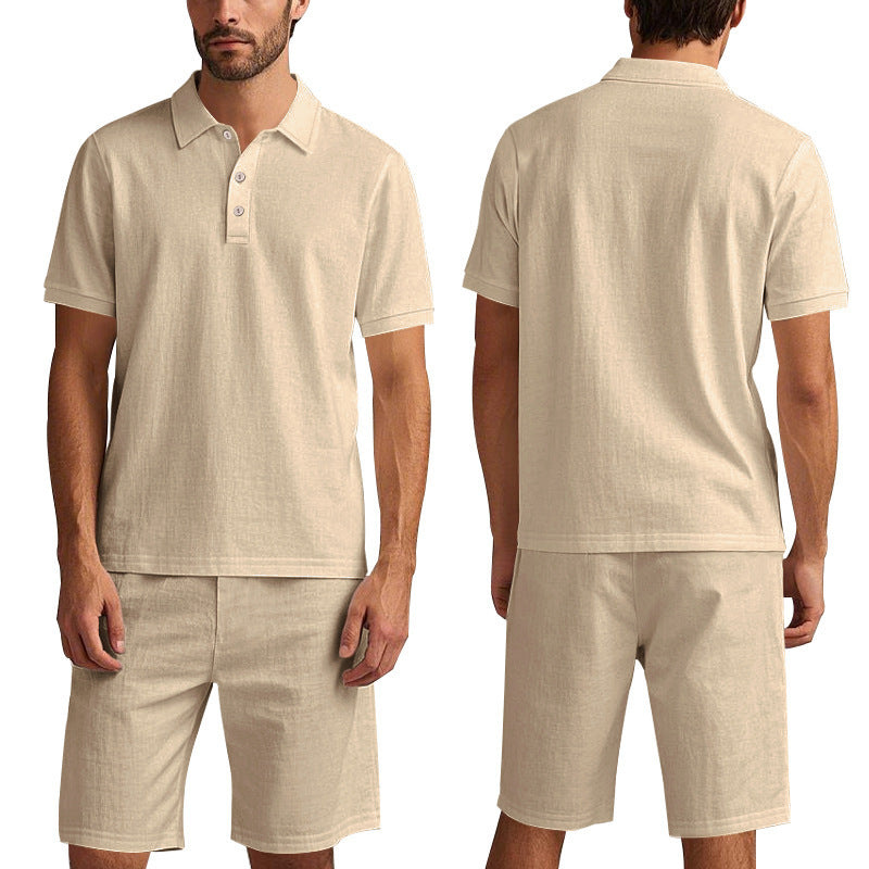 Image of Summer Men's Loose Casual Linen Breathable Short Beach Sleeve Shorts Suit