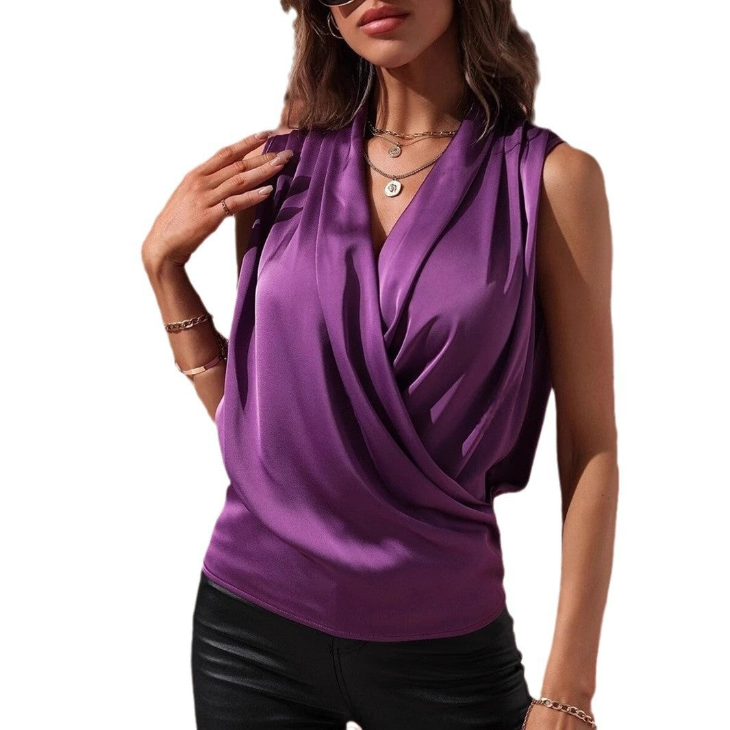 Image of Women's Spring And Summer Sleeveless Satin Pleated Vest New Shirt