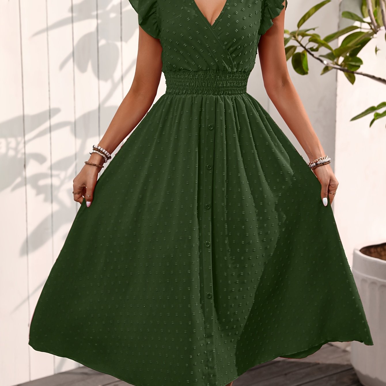 Image of Elegant V-neck Ruffled Sleeve Women's Summer Short Sleeve Maxi Dress