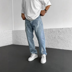 Image of Men's Straight-leg Pants Printed Solid Color Loose Wide Leg Denim