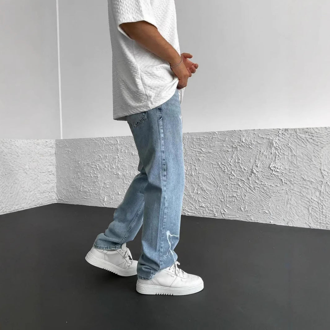 Image of Men's Straight-leg Pants Printed Solid Color Loose Wide Leg Denim