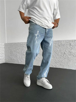 Image of Men's Straight-leg Pants Printed Solid Color Loose Wide Leg Denim