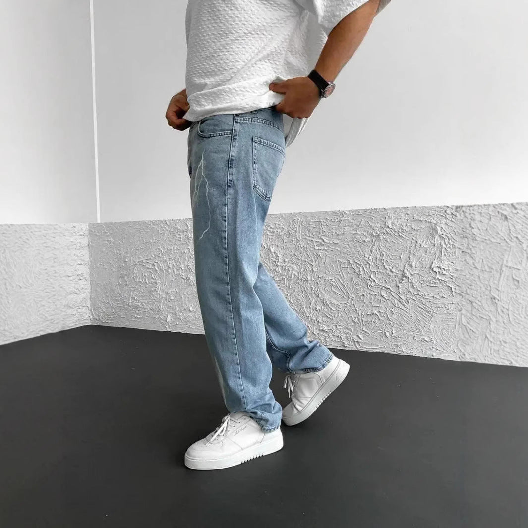 Image of Men's Straight-leg Pants Printed Solid Color Loose Wide Leg Denim