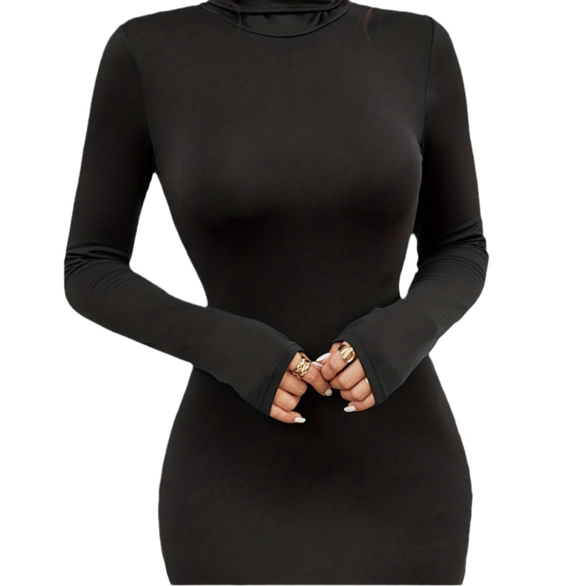 Image of Brushed Black Turtleneck Slim Fit Dress Slimming Long Sleeves All-matching