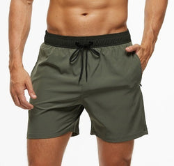 Image of Men's Stitching Waist Headband Pocket Zipper Drawstring Shorts