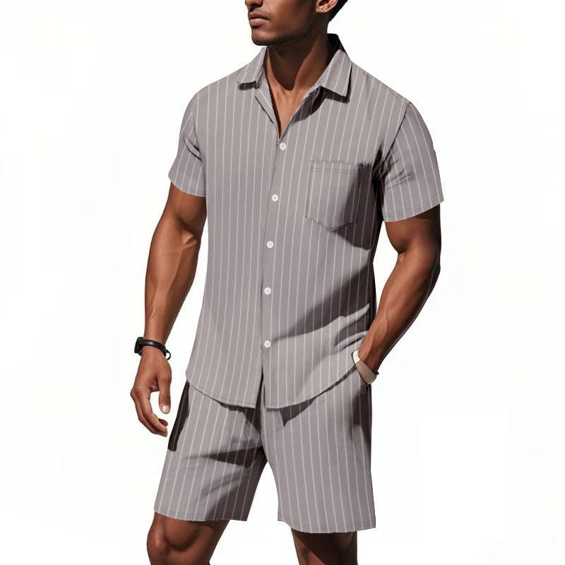 Image of Men's Striped Jacquard Loose Short Sleeve Shirt Beach Shorts Two-piece Set