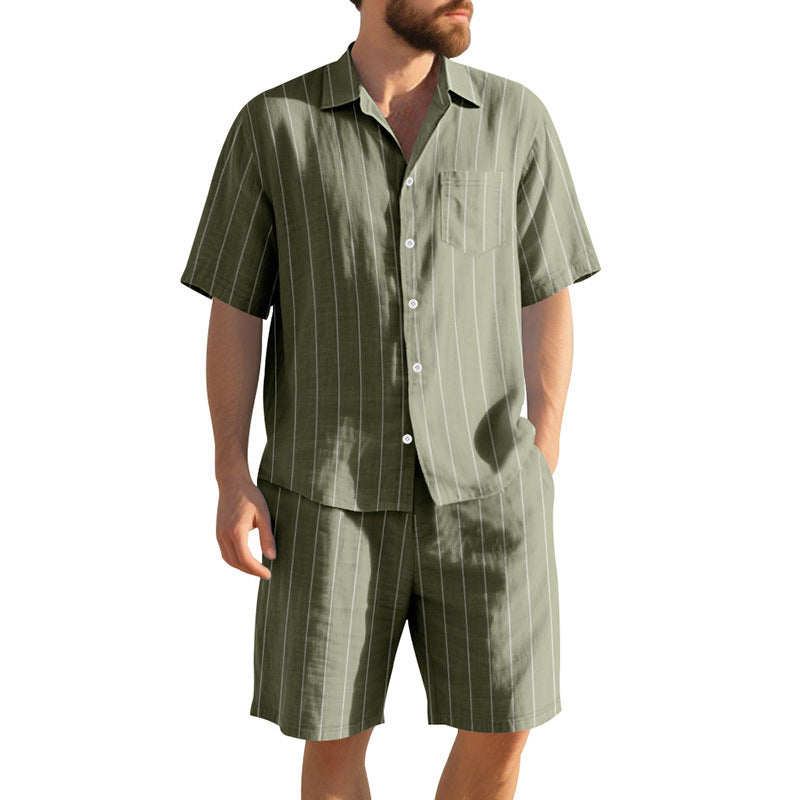 Image of Men's Striped Jacquard Loose Short Sleeve Shirt Beach Shorts Two-piece Set