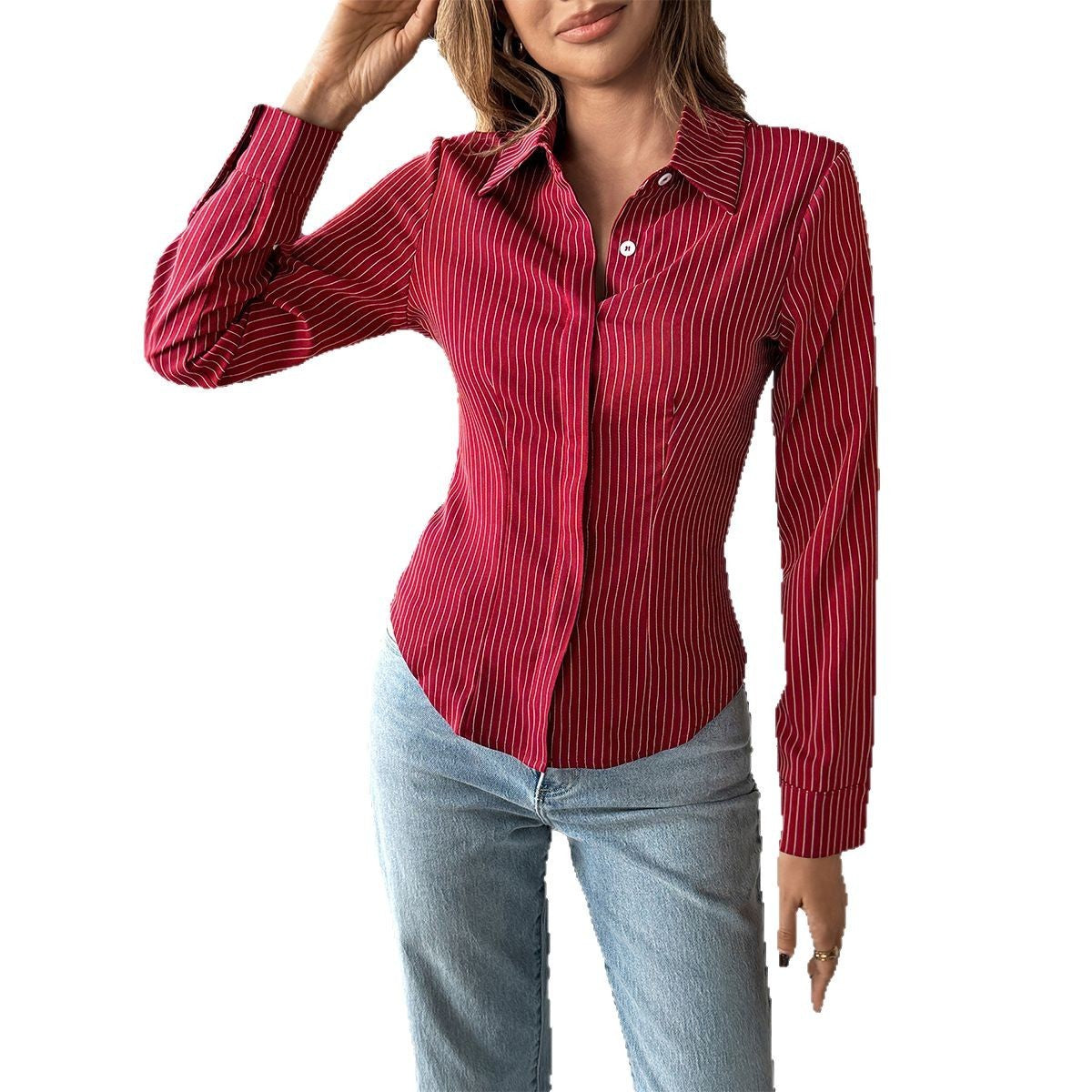 Image of Holiday Casual Style Polo Collar Stripes Shirt Women's Clothing